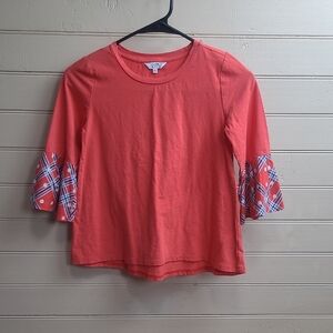 crown & ivy Coral Long Sleeve Tee with Plaid Sleeves